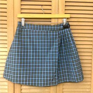 wildfable Green and Blue Plaid Pleated Skirt with Buckle